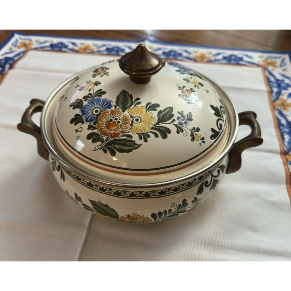 Asta‎ Enamelware Old Amsterdam Dutch Oven 7 Floral Brass Handles Vintage